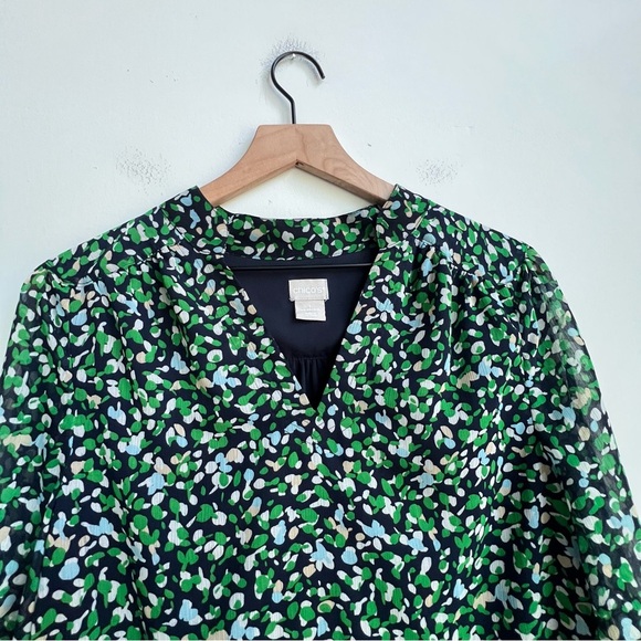 Chico's Women's Abstract Dot Print Long Sleeve Chiffon Tunic Top 8/10 Blue Green - Picture 5 of 14
